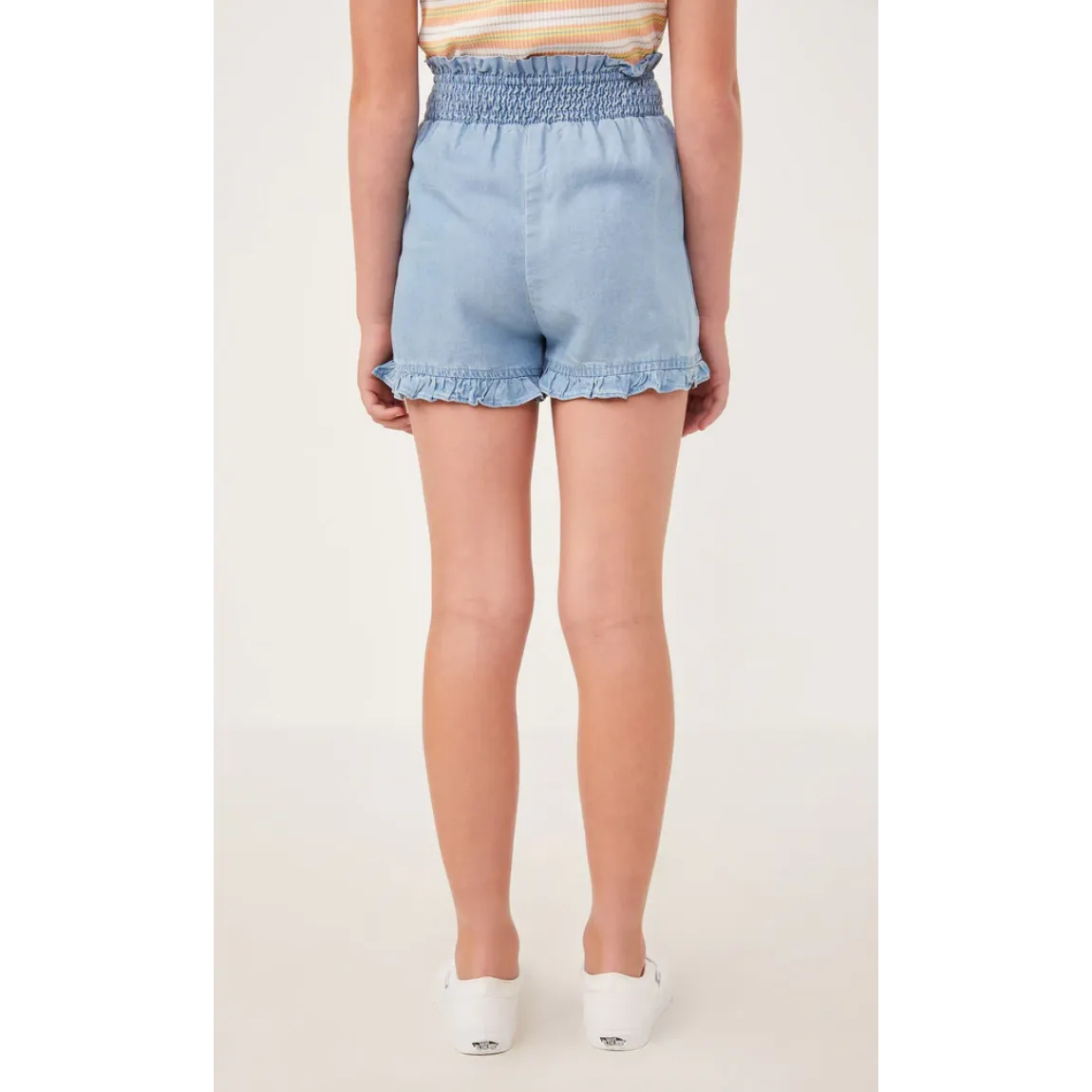 Hayden Girls Tencel Smocked Waist Ruffled Shorts- Light Denim