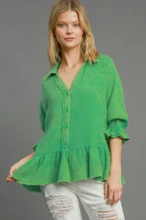 Hazel Blues® | Umgee Mineral Washed Cotton Gauze Top