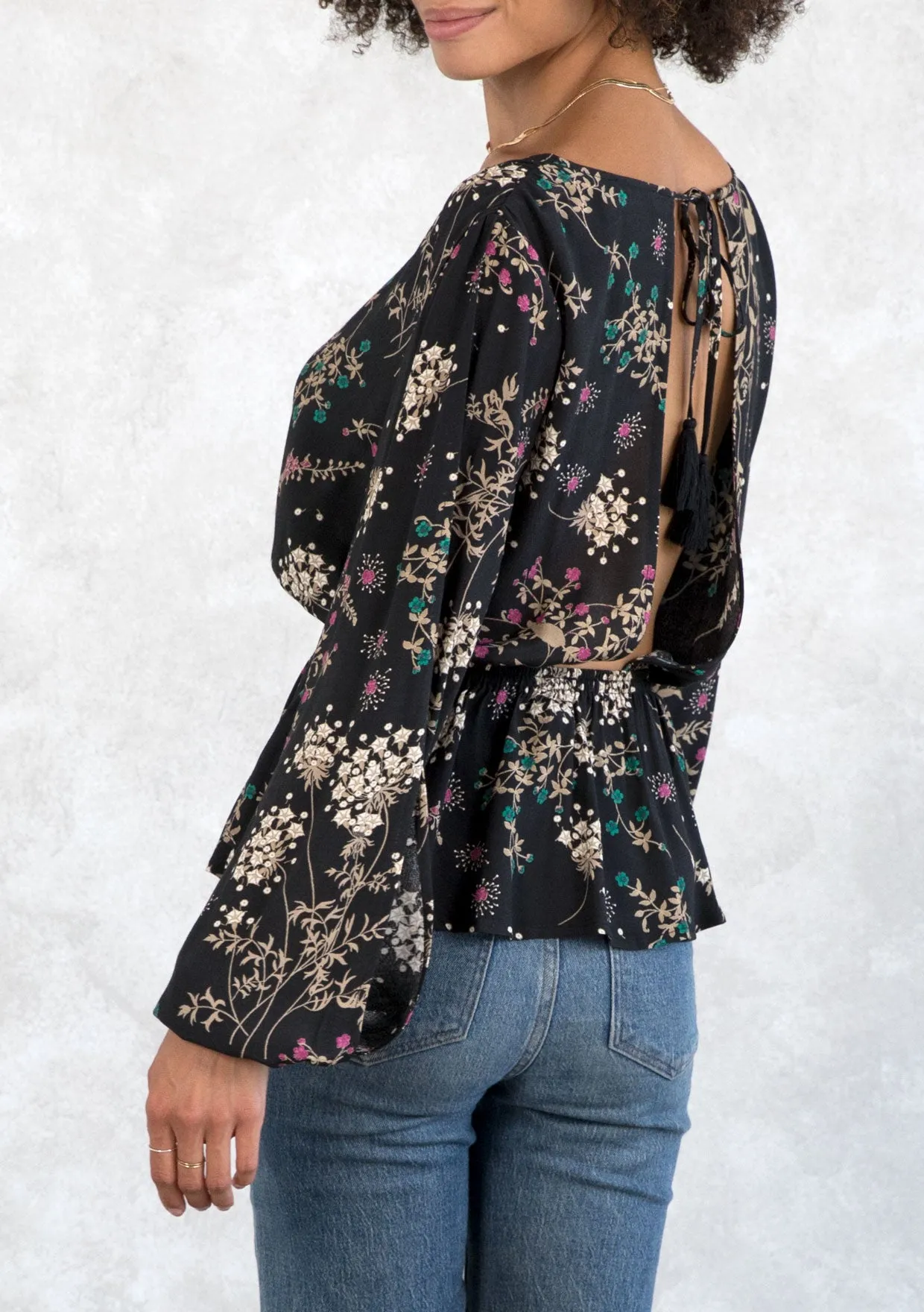 Holiday Floral Print Peplum Long Sleeve Blouse