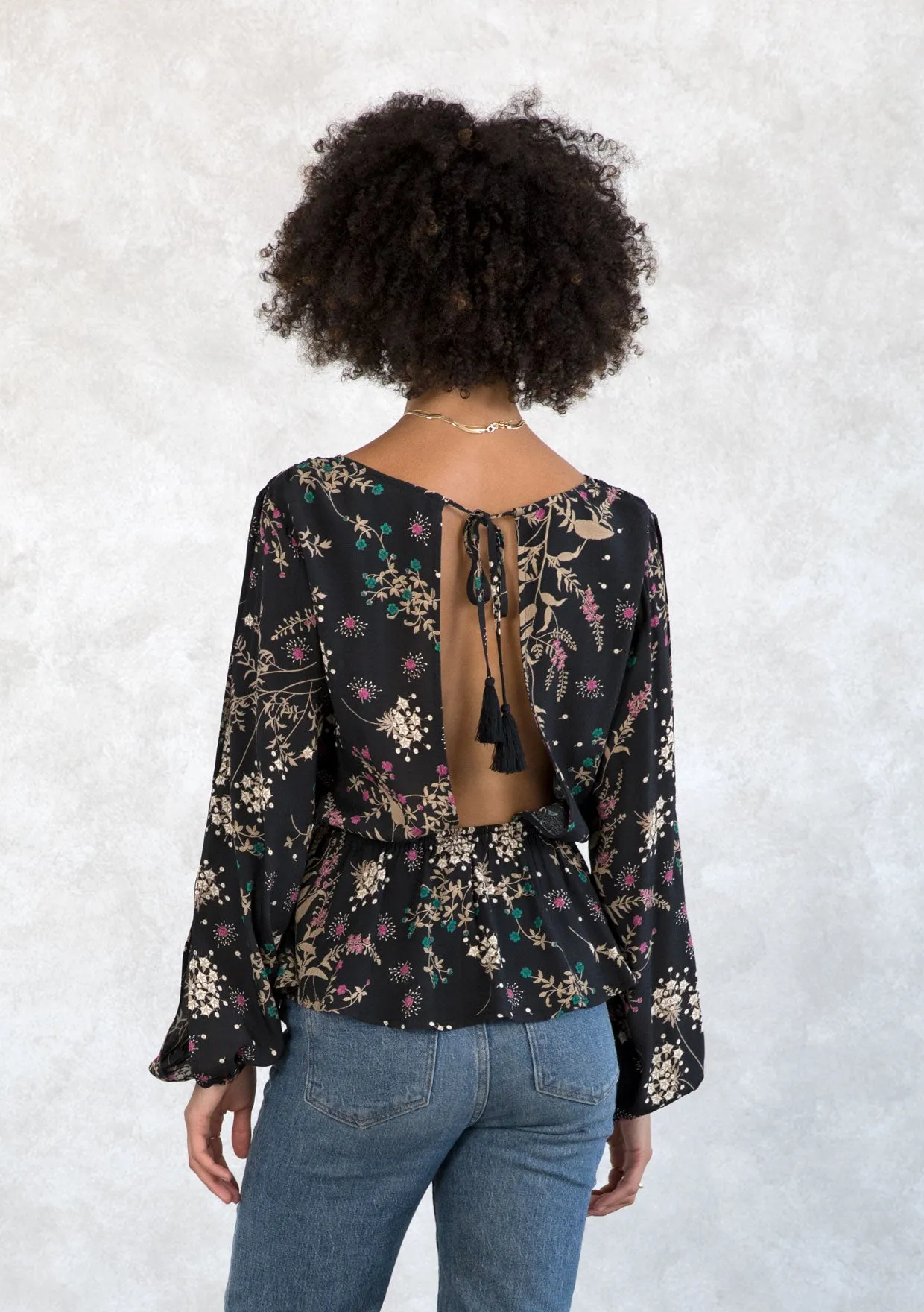 Holiday Floral Print Peplum Long Sleeve Blouse