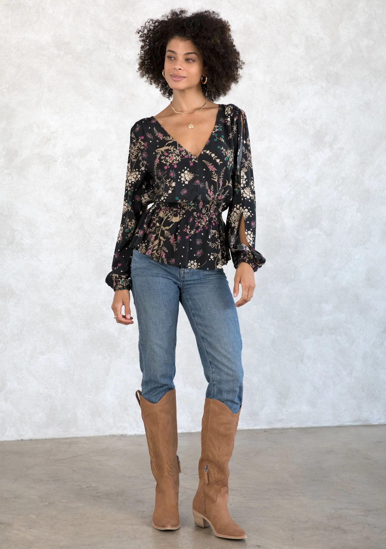 Holiday Floral Print Peplum Long Sleeve Blouse