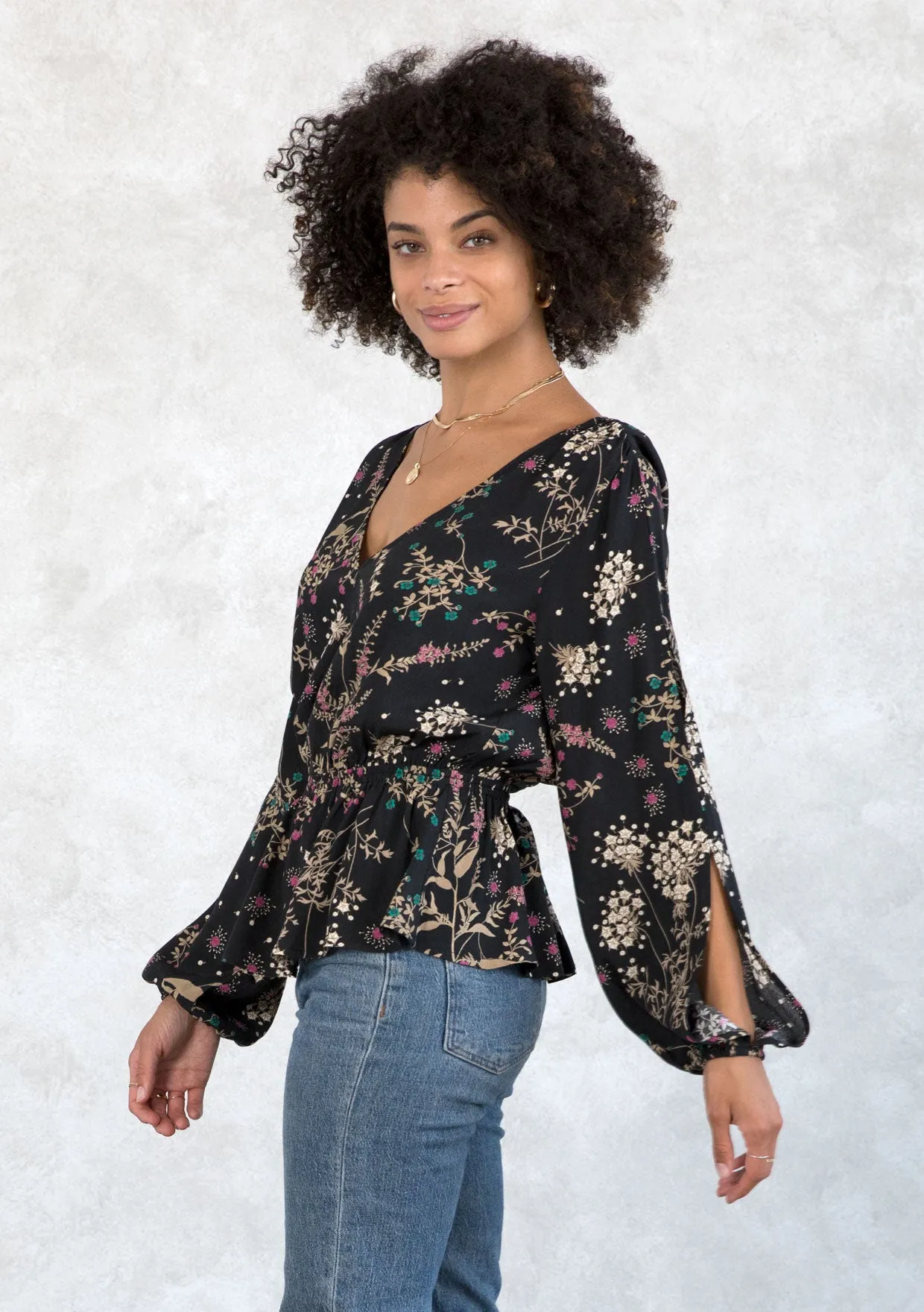 Holiday Floral Print Peplum Long Sleeve Blouse