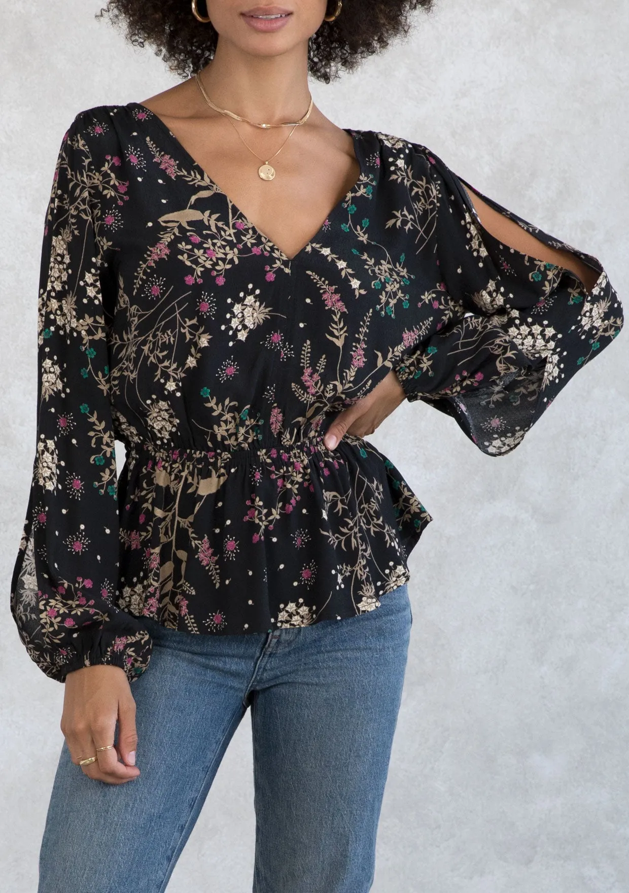 Holiday Floral Print Peplum Long Sleeve Blouse