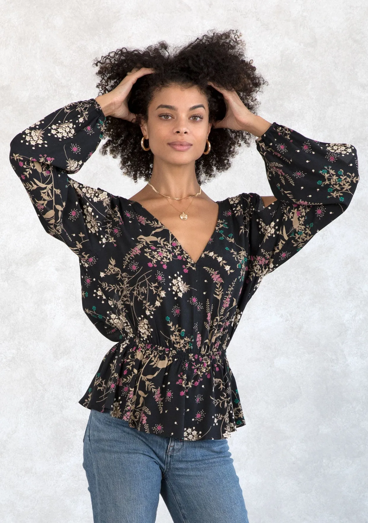 Holiday Floral Print Peplum Long Sleeve Blouse