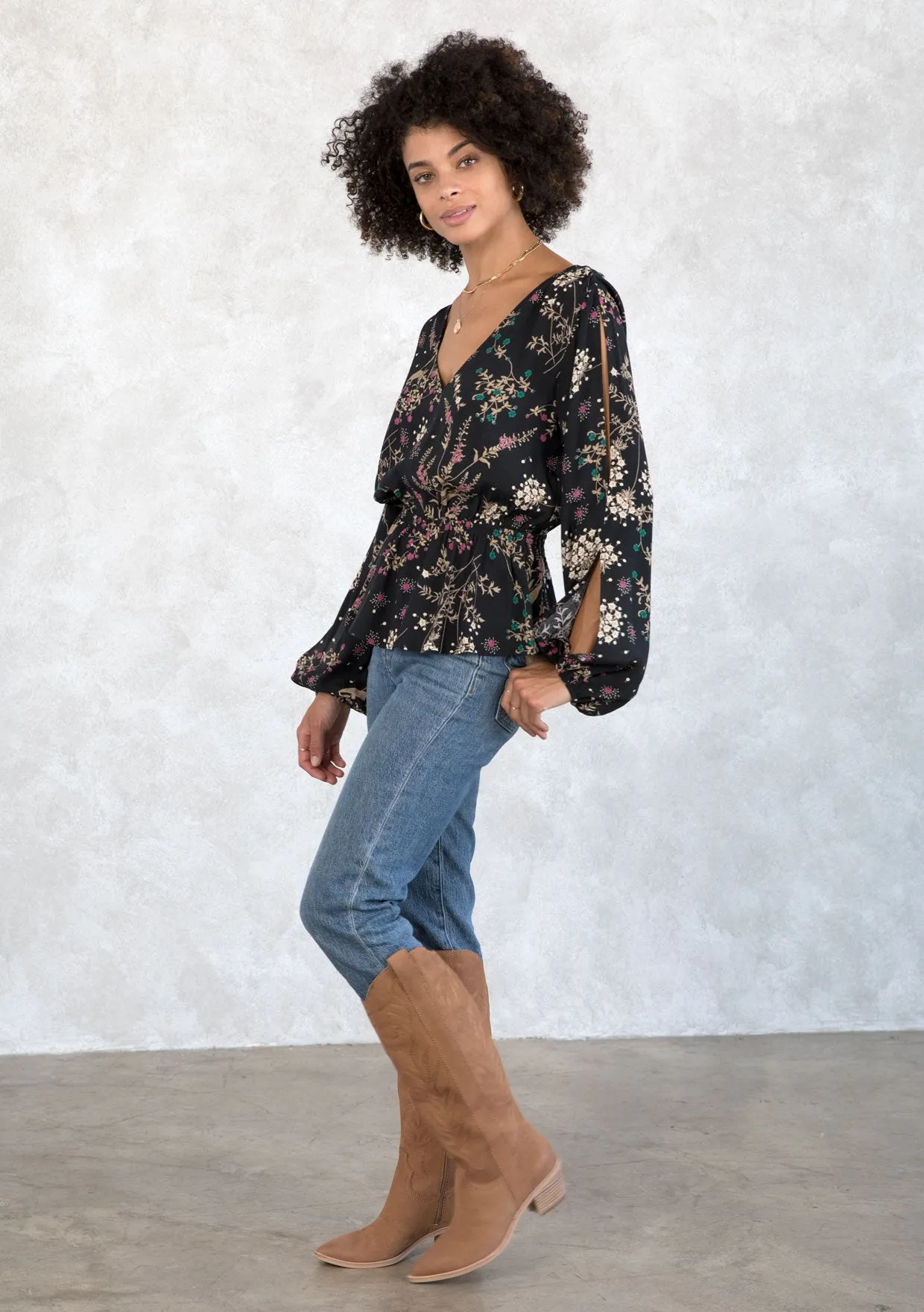 Holiday Floral Print Peplum Long Sleeve Blouse