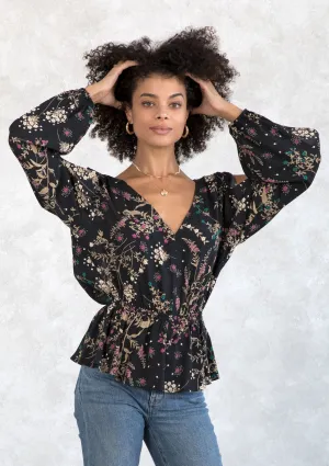 Holiday Floral Print Peplum Long Sleeve Blouse