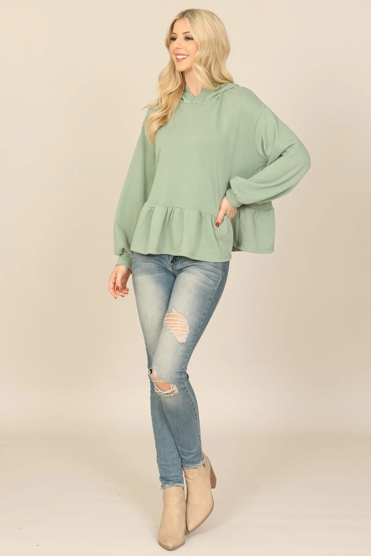 HOODIE LONG PUFF SLEEVE RUFFLED HEM PEPLUM TOP