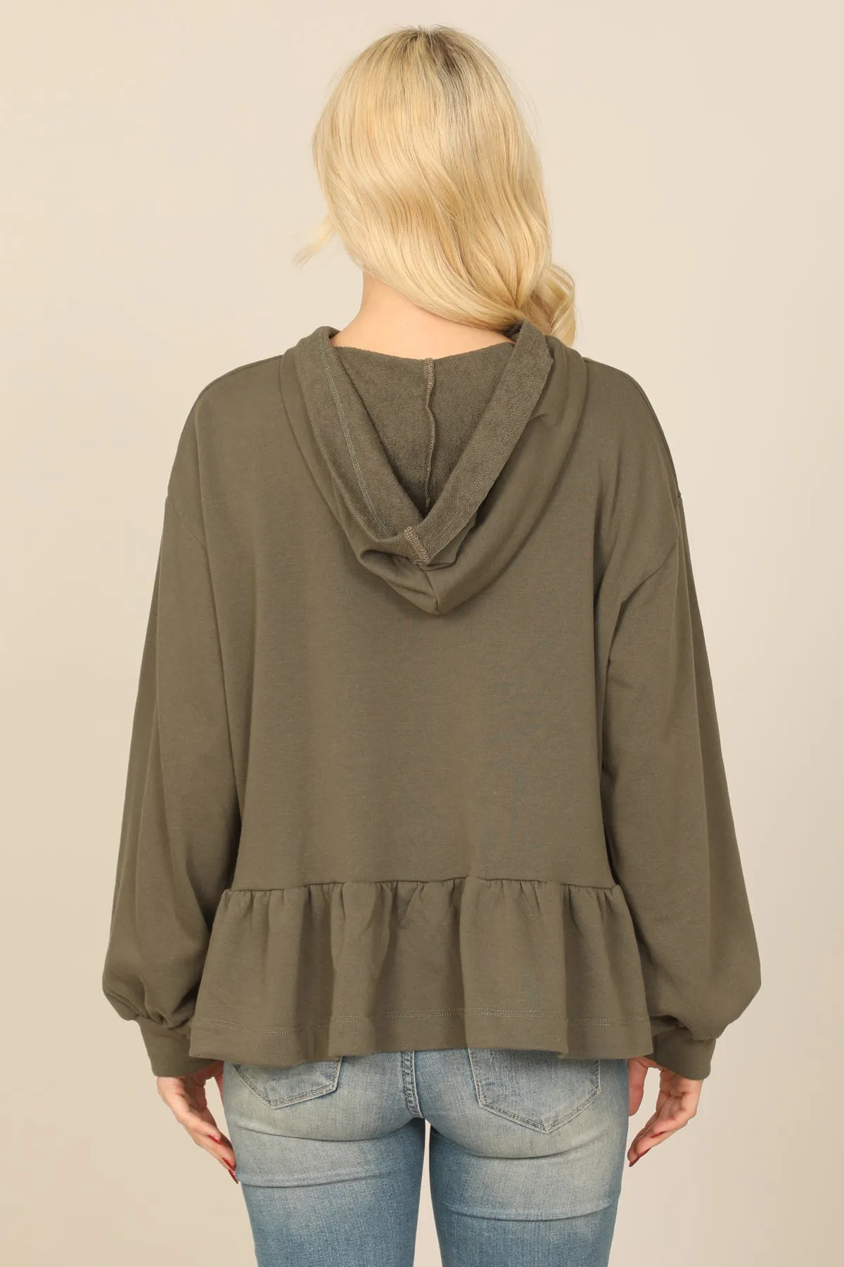 HOODIE LONG PUFF SLEEVE RUFFLED HEM PEPLUM TOP