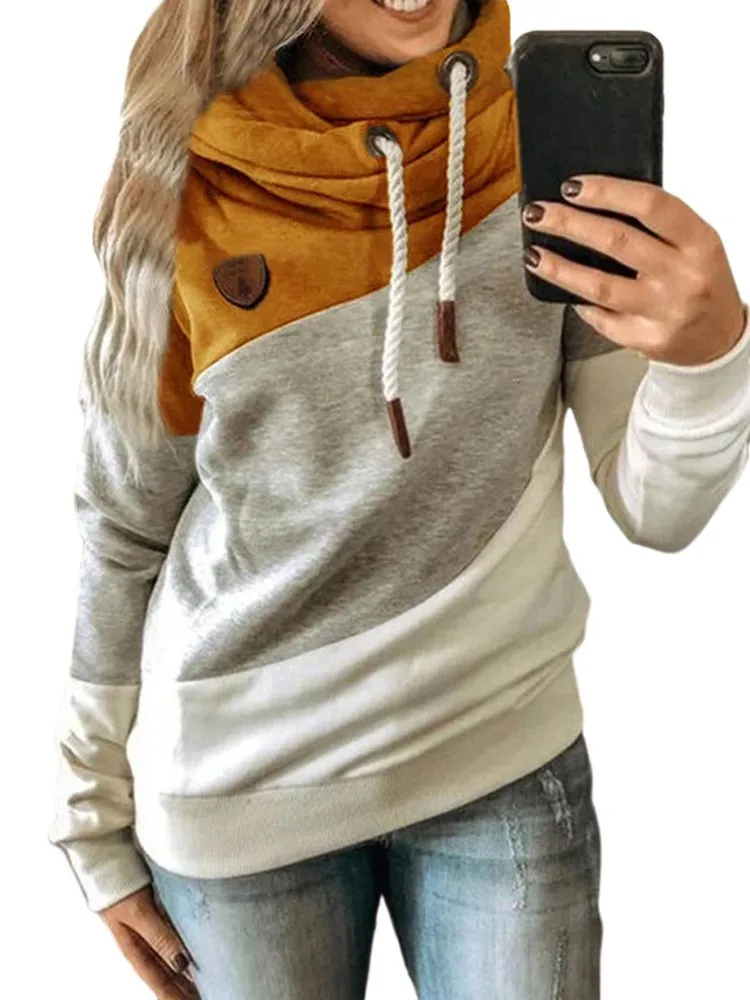 Hoodies for Women Color Block Print Hooded Pullover Casual Long Sleeve Drawstring Sweatshirt Blouse Tops