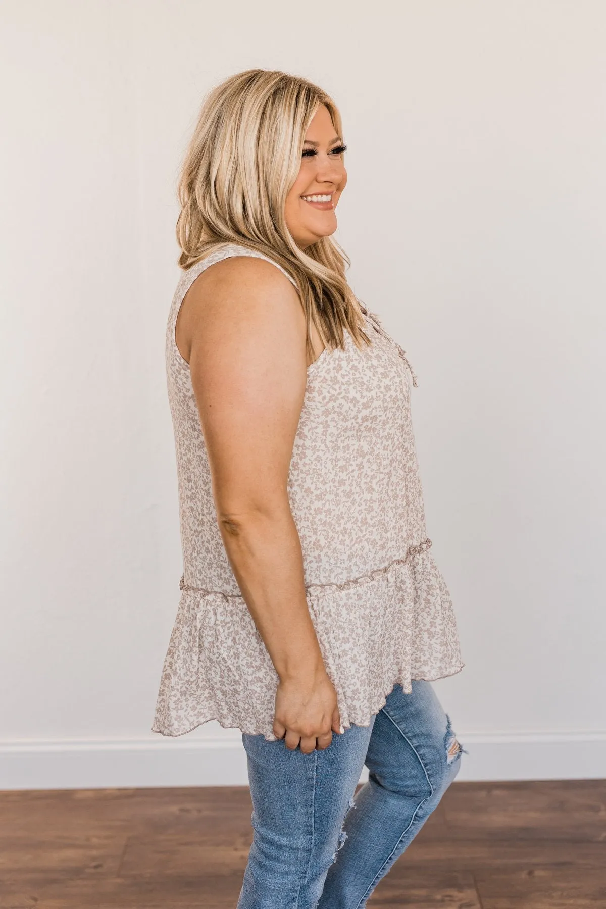 Hope For Tomorrow Floral Tie Tank Top- Light Taupe