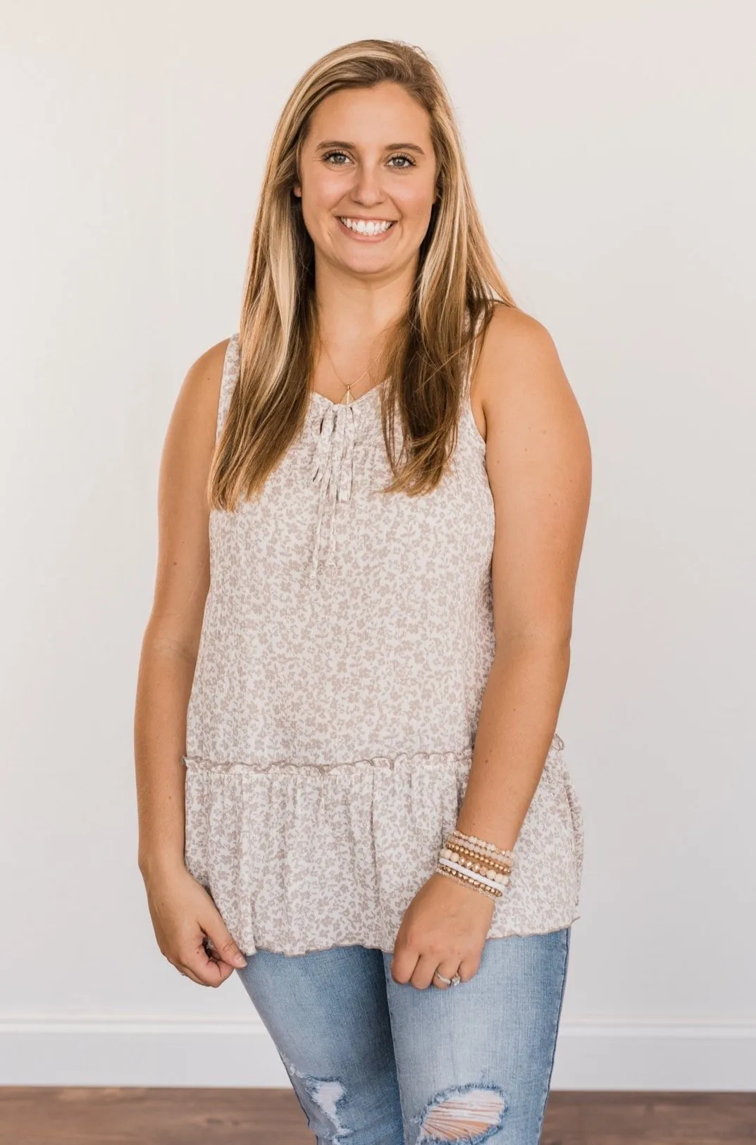 Hope For Tomorrow Floral Tie Tank Top- Light Taupe