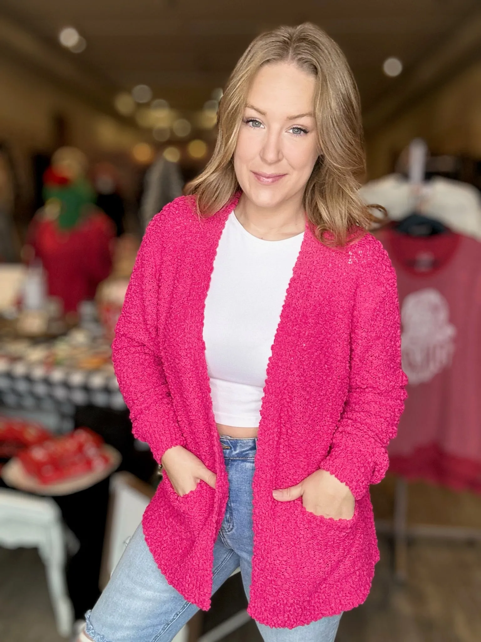 Hot Pink Popcorn Sweater Cardigan