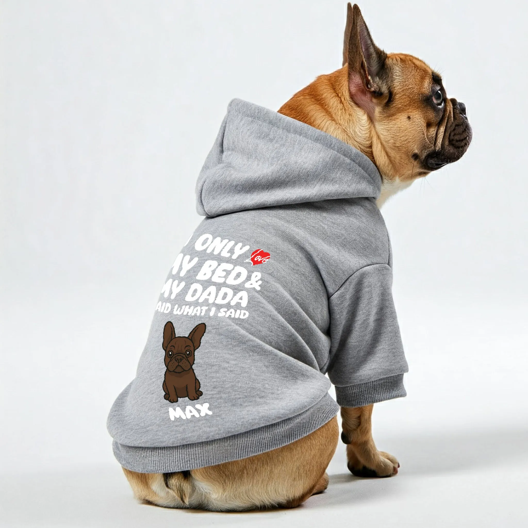 I ONLY LOVE - Personalized French Bulldog hoodies with funny quotes, custom name, 'MAMA' or 'DADA' text, and custom clipart matching your Frenchie's color – Stylish, Cozy, and Premium 100% Cotton