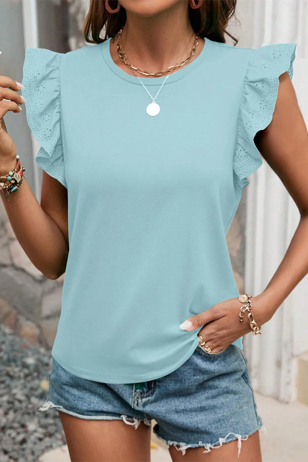 Iceland Blue Embroidered Ruffled Sleeve Slim Fit Crew Neck Top