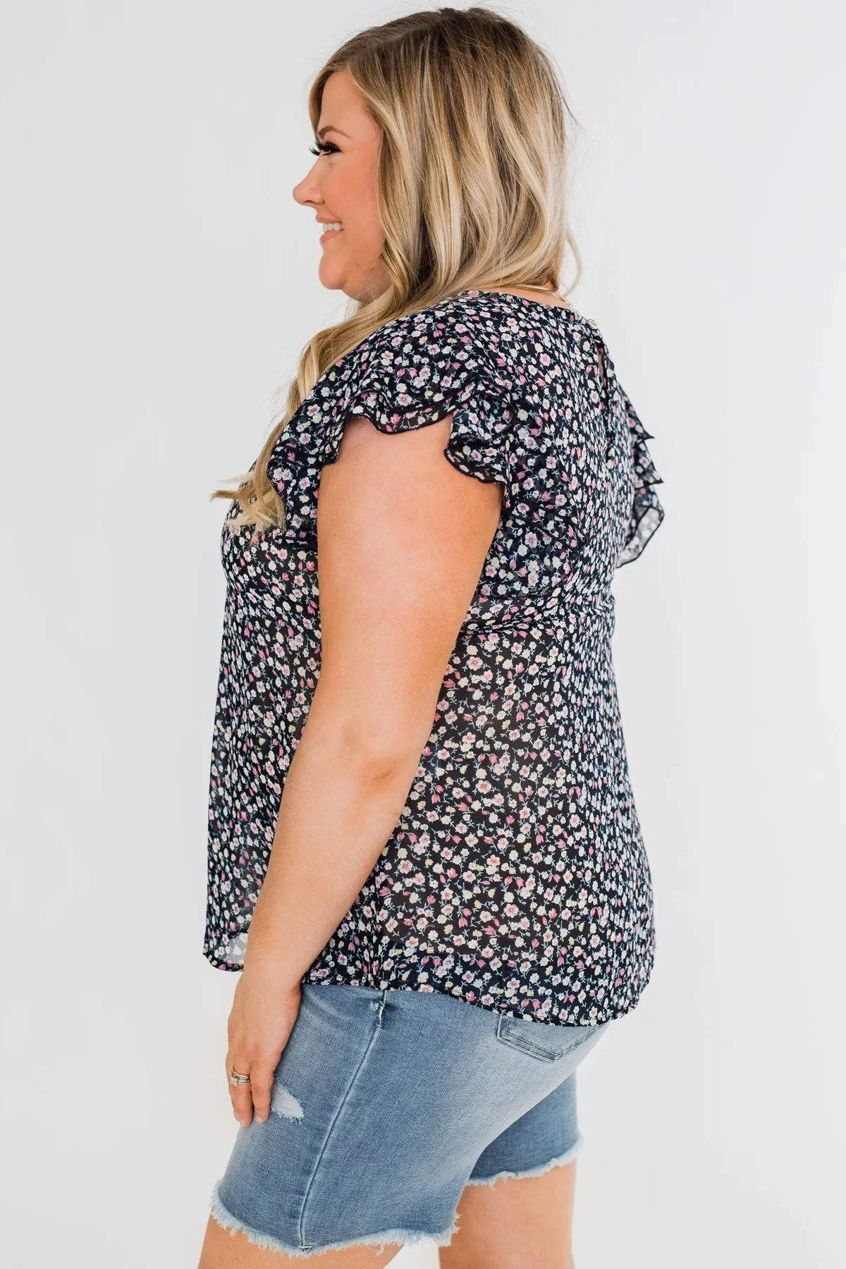 In Perfect Harmony Floral Ruffle Sleeve Top- Navy
