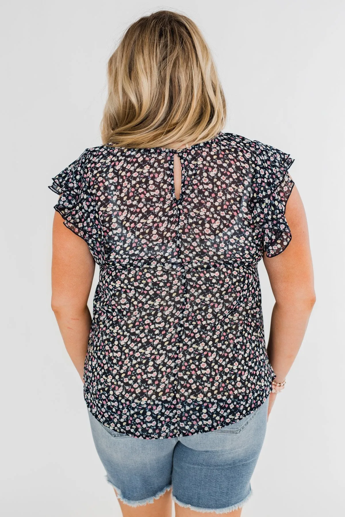 In Perfect Harmony Floral Ruffle Sleeve Top- Navy