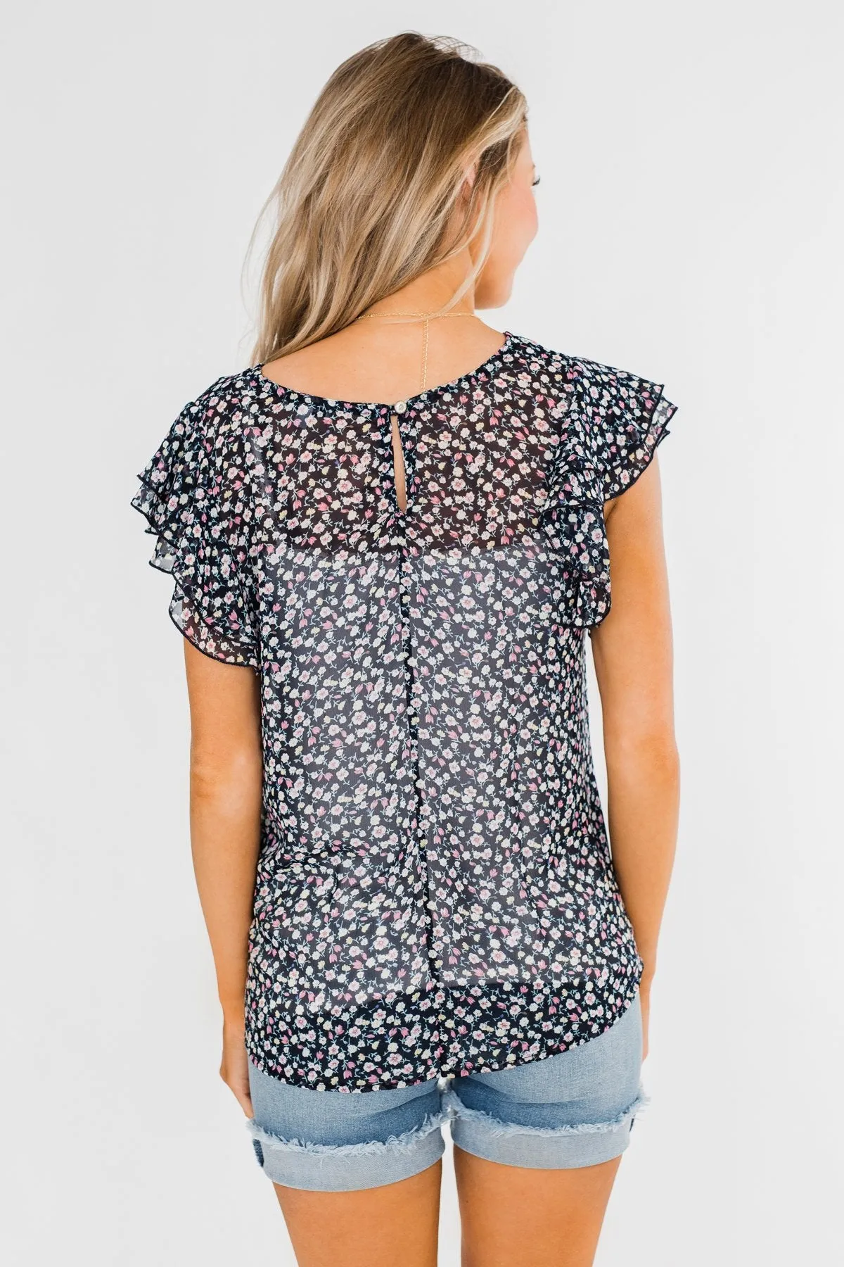 In Perfect Harmony Floral Ruffle Sleeve Top- Navy