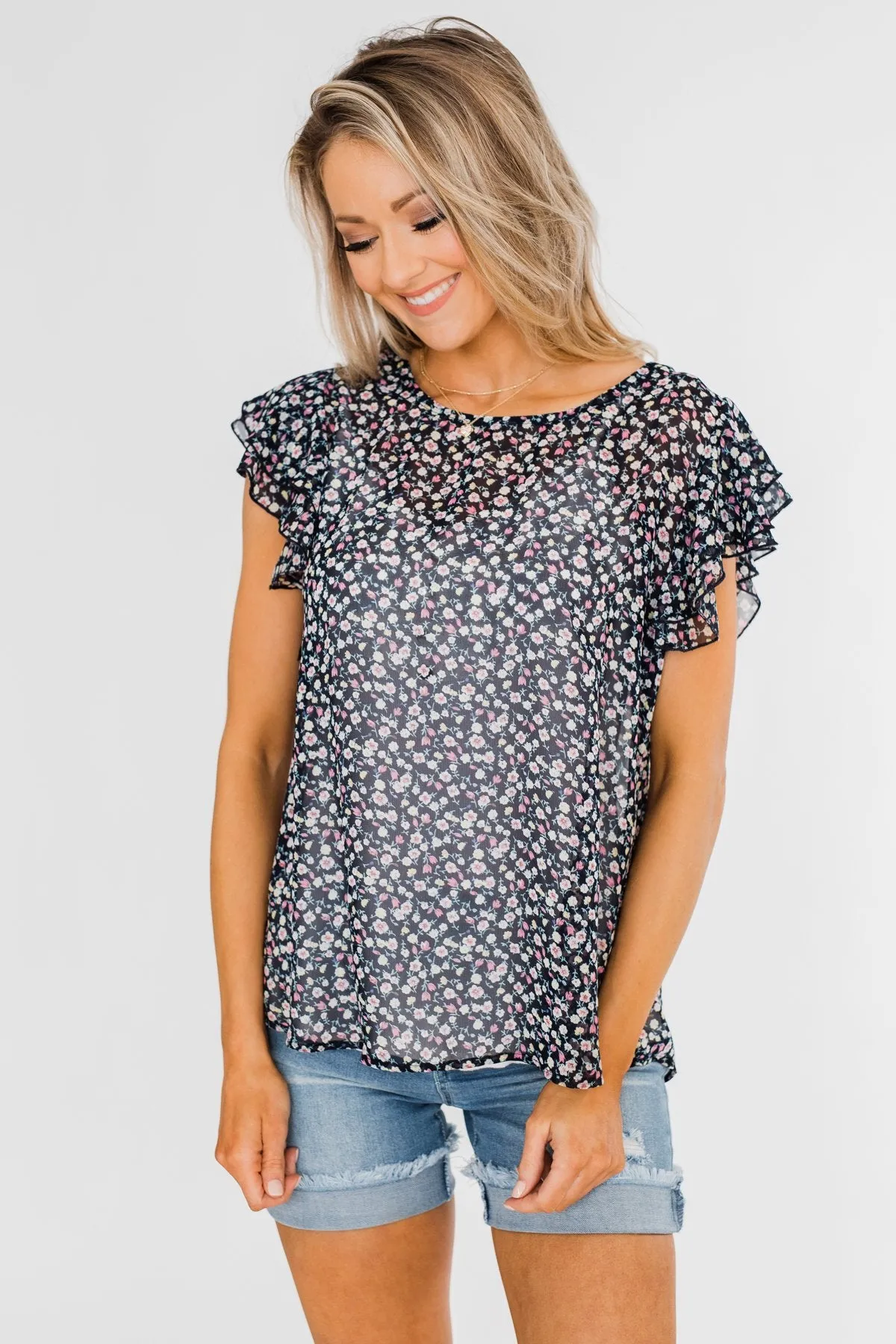 In Perfect Harmony Floral Ruffle Sleeve Top- Navy