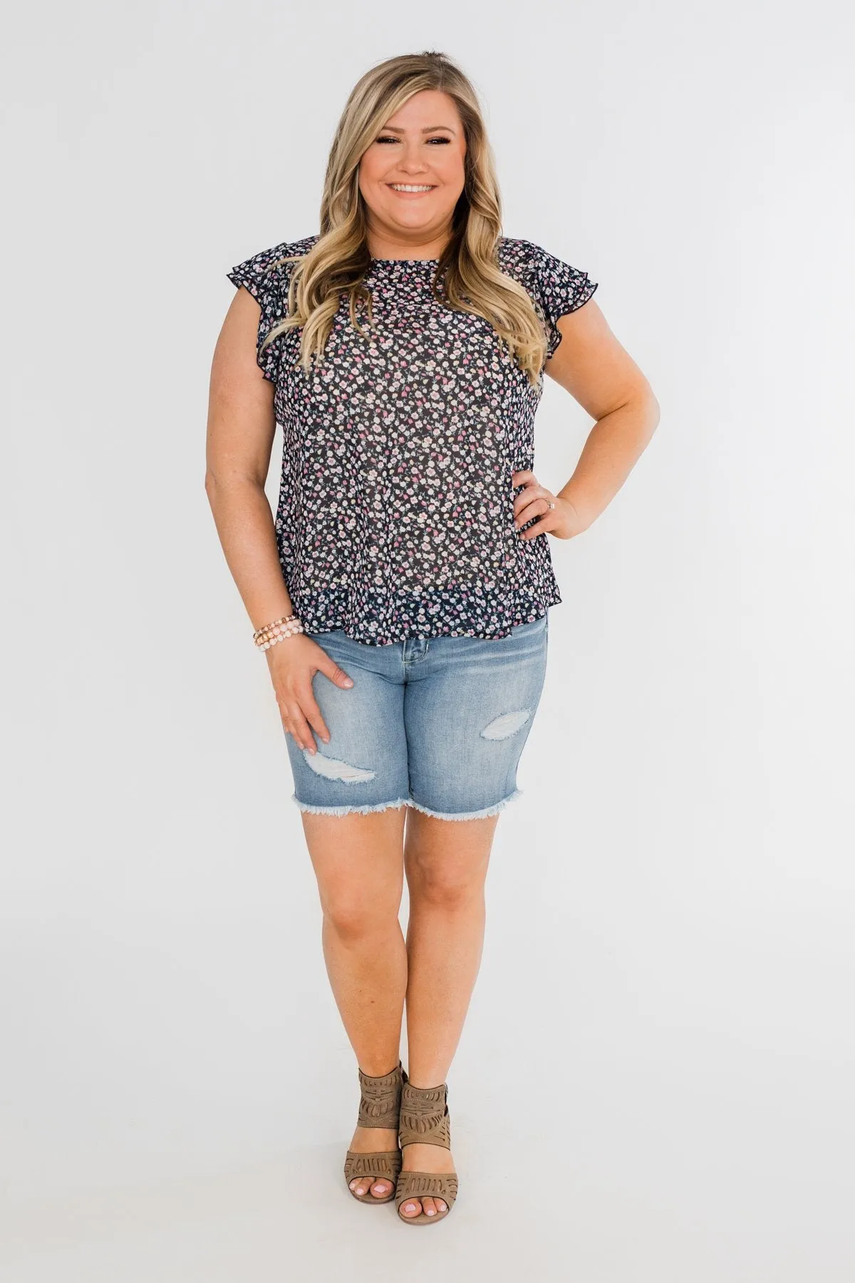 In Perfect Harmony Floral Ruffle Sleeve Top- Navy