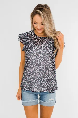 In Perfect Harmony Floral Ruffle Sleeve Top- Navy