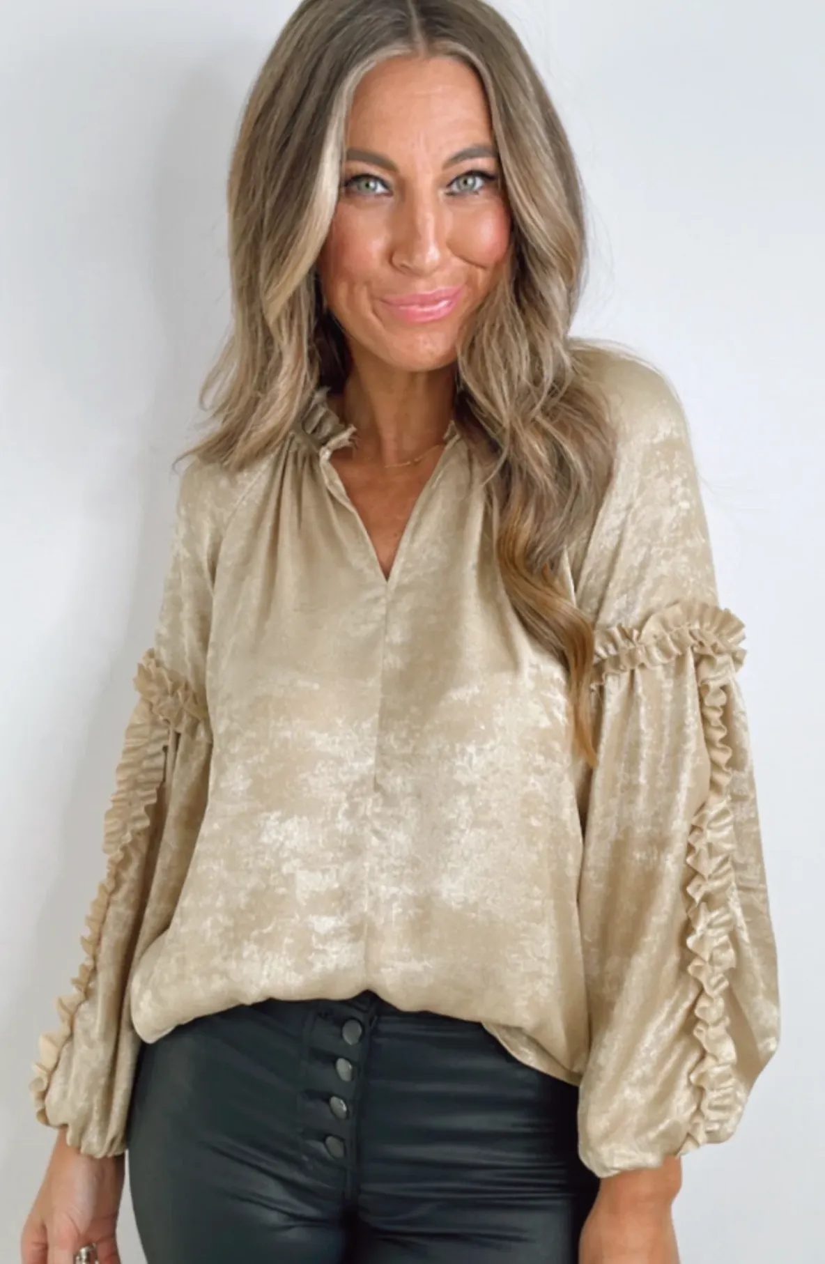 Ivy Jane Metallic Popover Ruffled Top