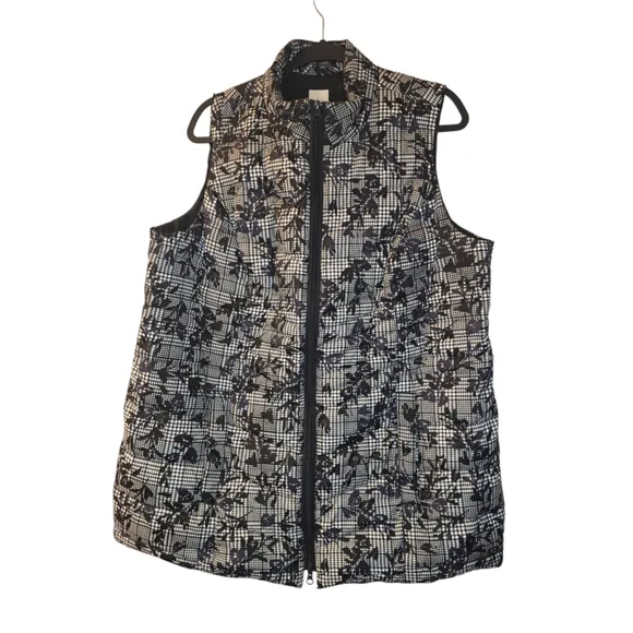J. Jill Women's Vest Size 1X Black Floral Print Puffer, Down