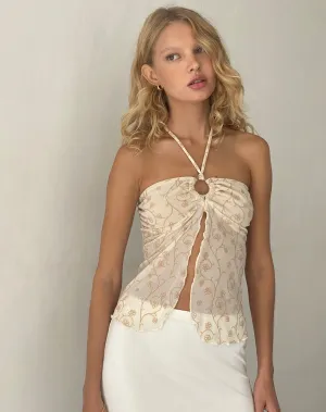 Janar Halterneck Top in Beige Dainty Floral Flock