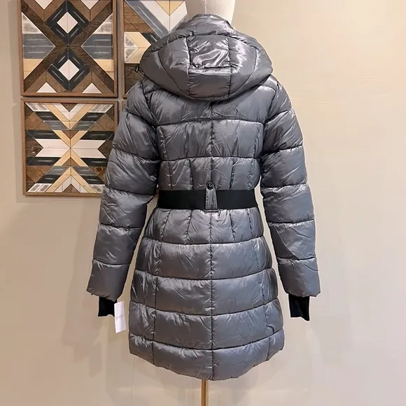 Jessica Simpson Long Belted Hooded Puffer Coat Parka Jacket Shiny Ice Grey M NWT