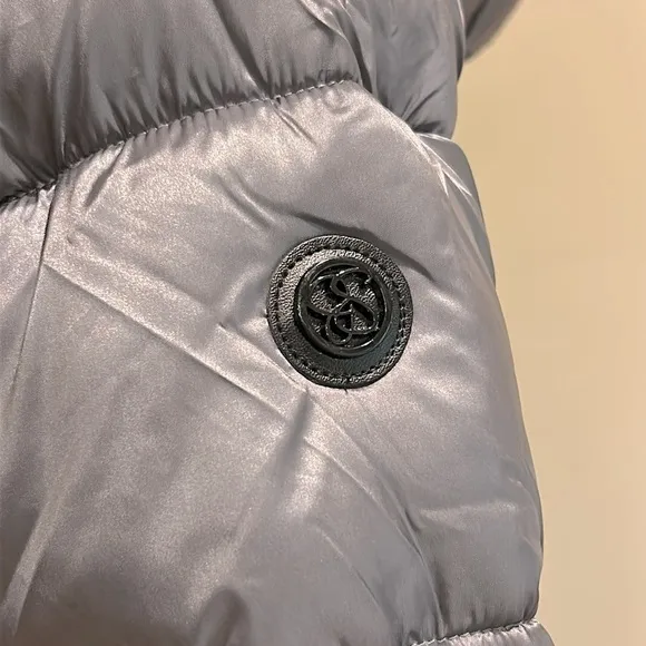 Jessica Simpson Long Belted Hooded Puffer Coat Parka Jacket Shiny Ice Grey M NWT
