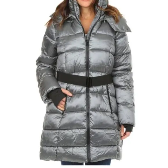 Jessica Simpson Long Belted Hooded Puffer Coat Parka Jacket Shiny Ice Grey M NWT