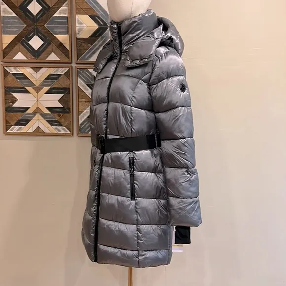 Jessica Simpson Long Belted Hooded Puffer Coat Parka Jacket Shiny Ice Grey M NWT
