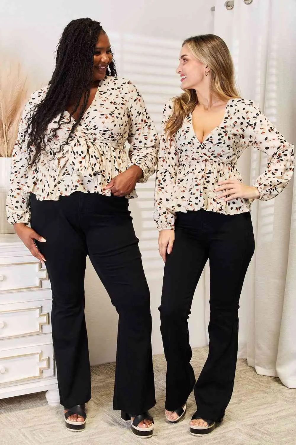 Jonah Printed Tied Plunge Peplum Blouse