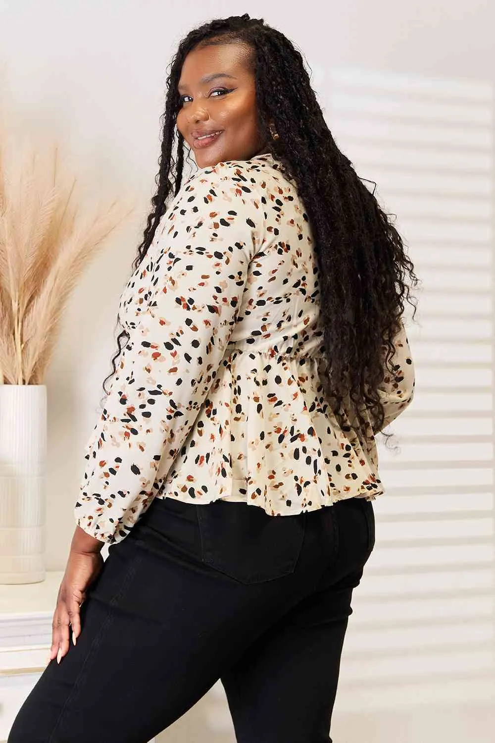 Jonah Printed Tied Plunge Peplum Blouse