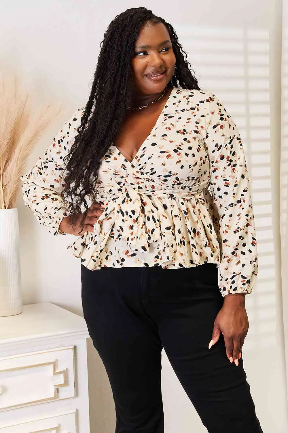 Jonah Printed Tied Plunge Peplum Blouse
