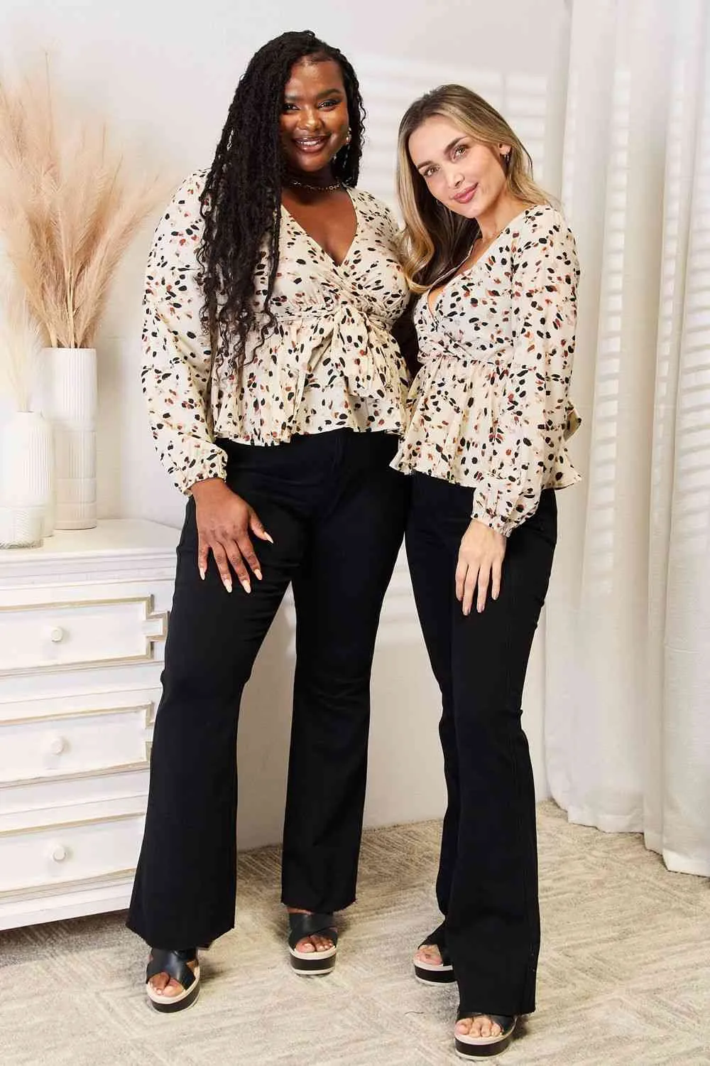 Jonah Printed Tied Plunge Peplum Blouse