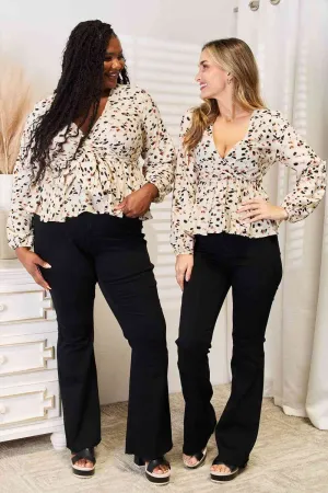Jonah Printed Tied Plunge Peplum Blouse