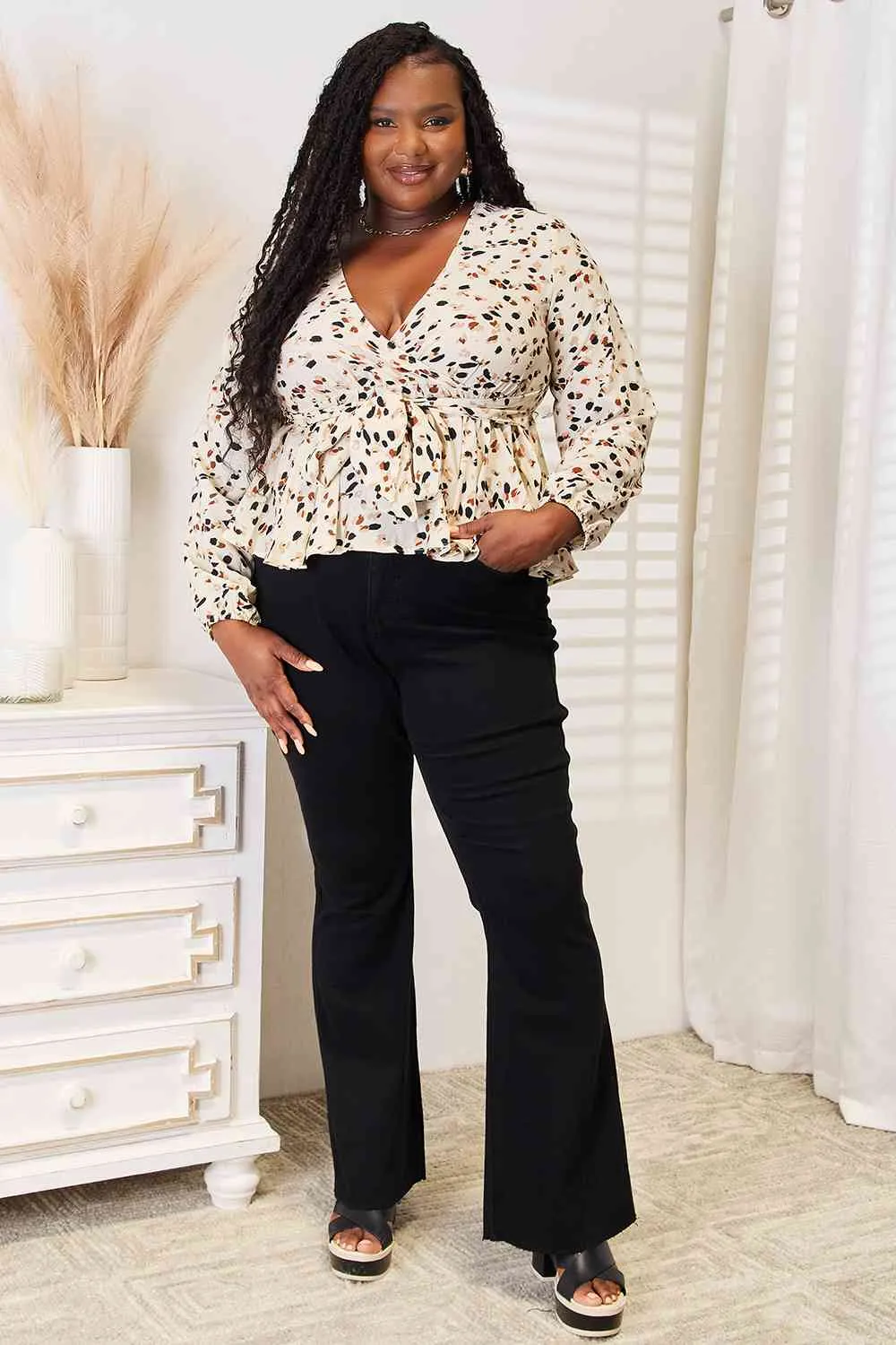 Jonah Printed Tied Plunge Peplum Blouse