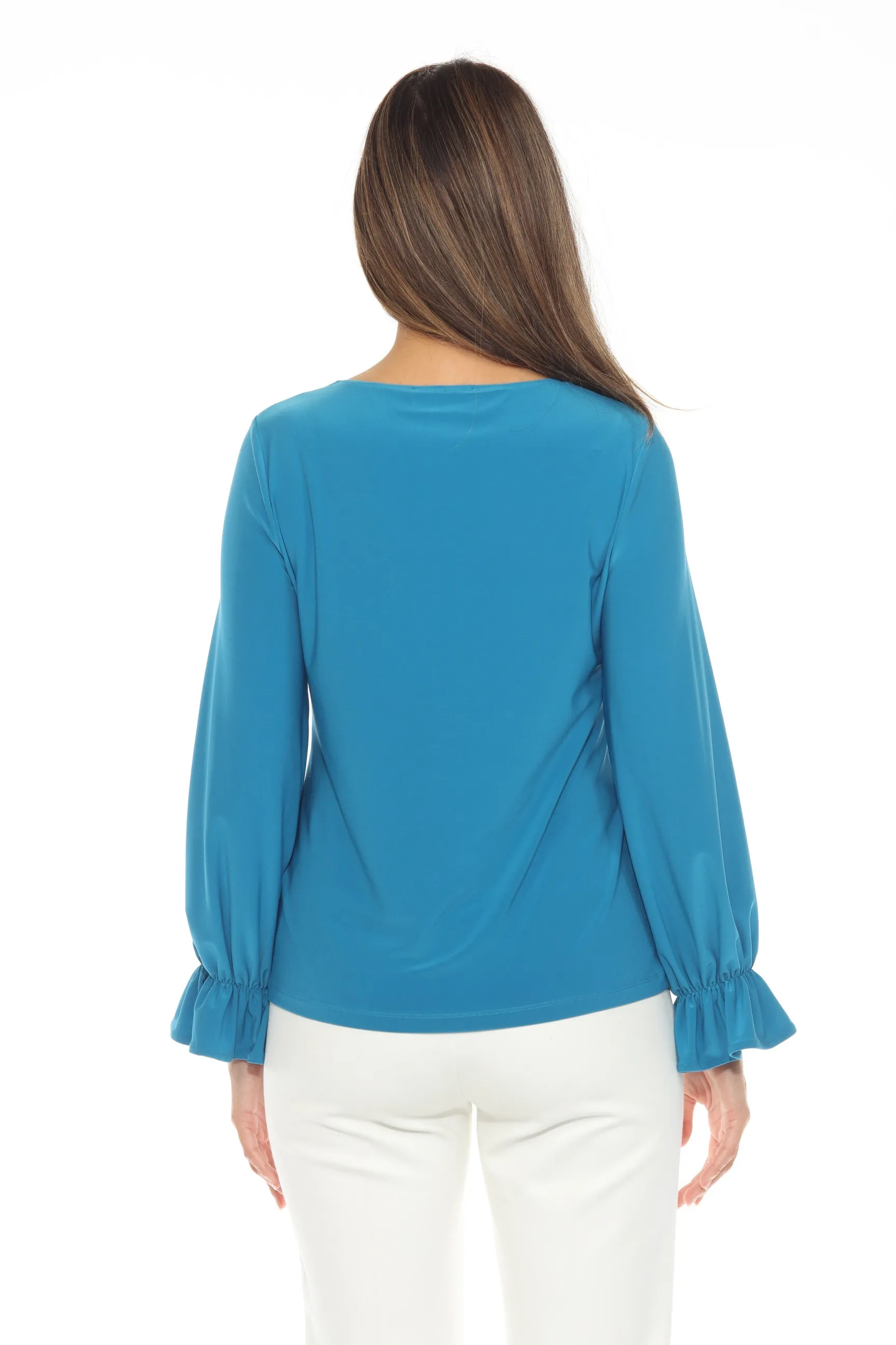 Joseph Ribkoff Pacific Blue Ruffled Cuffs V-Neck Top 243121