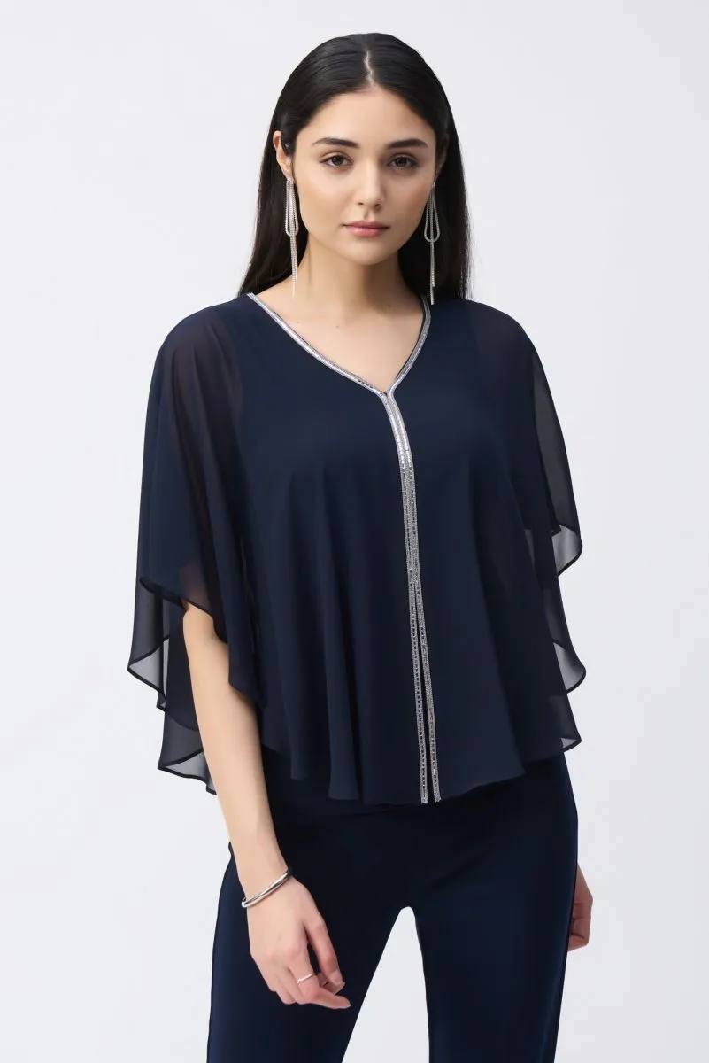 Joseph Ribkoff Rhinestone Trim Ruffled Chiffon Poncho Top 243707