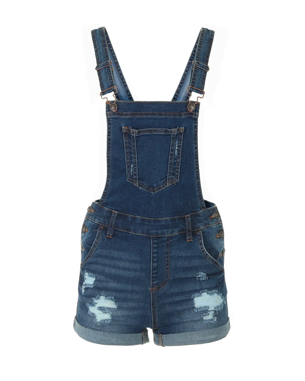 JUNIOR STRETCH DENIM DESTROYED OVERALLS