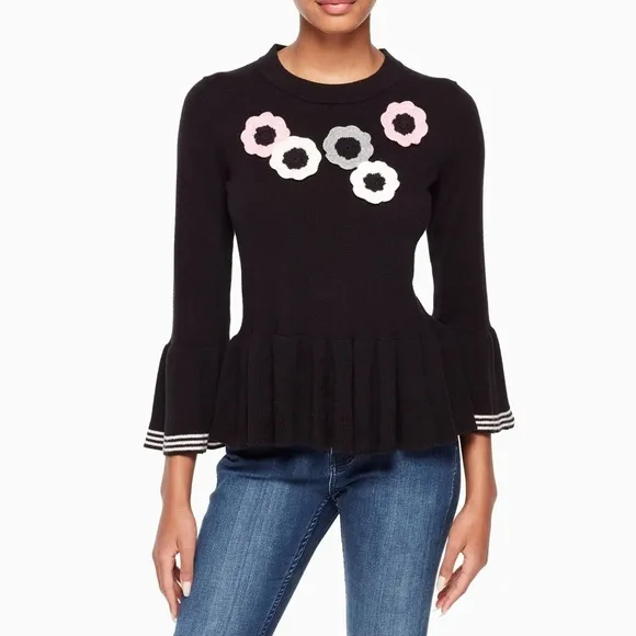 KATE SPADE New York Crochet-Flower Peplum Sweater in Black Pink and Grey Sz. S