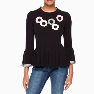KATE SPADE New York Crochet-Flower Peplum Sweater in Black Pink and Grey Sz. S