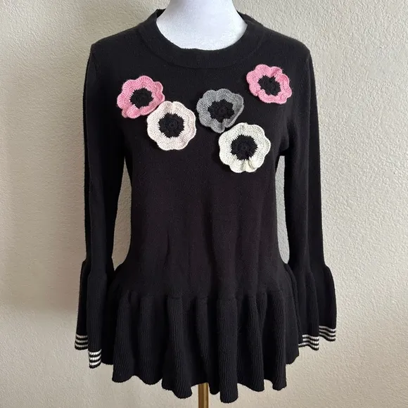 KATE SPADE New York Crochet-Flower Peplum Sweater in Black Pink and Grey Sz. S