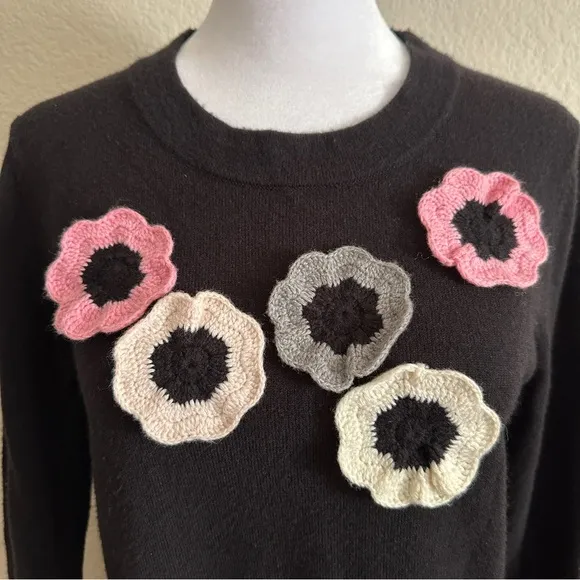 KATE SPADE New York Crochet-Flower Peplum Sweater in Black Pink and Grey Sz. S