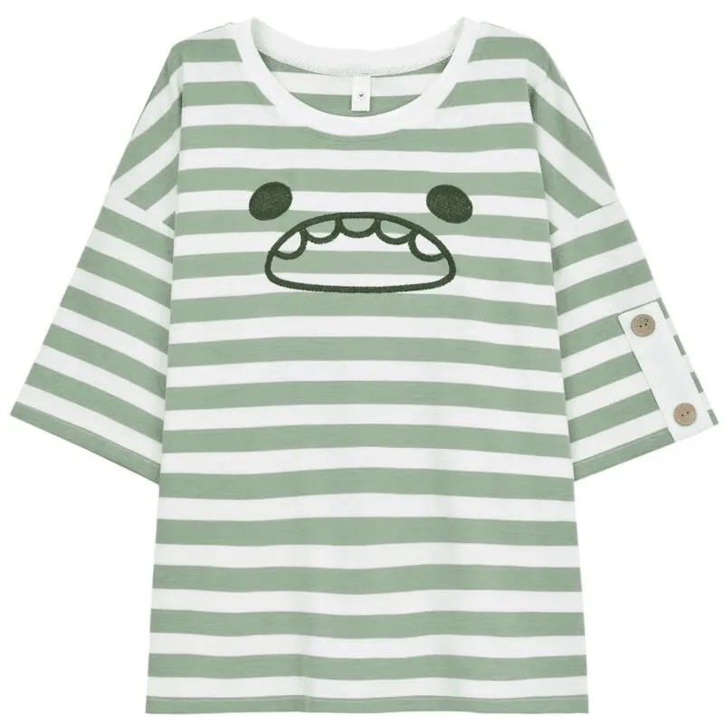 Kawaii Monster Stripe T-Shirt Pocket Overalls