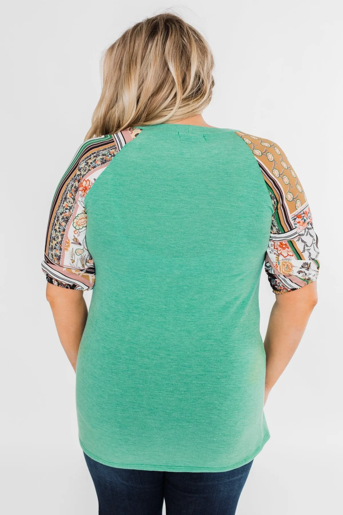 Keep Walking On Printed Sleeve Top- Jade Green