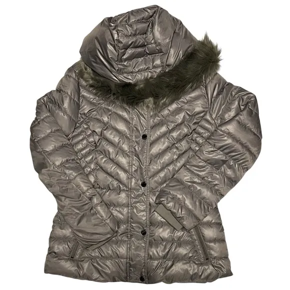 KENNETH COLE NEW YORK  PUFFER COAT WOMEN FUR-TRIM DOWN HOODED GRAY COLOR SIZE M