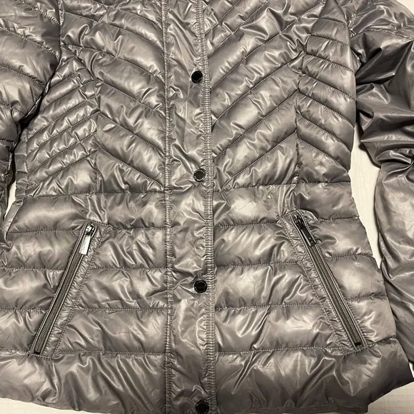 KENNETH COLE NEW YORK  PUFFER COAT WOMEN FUR-TRIM DOWN HOODED GRAY COLOR SIZE M