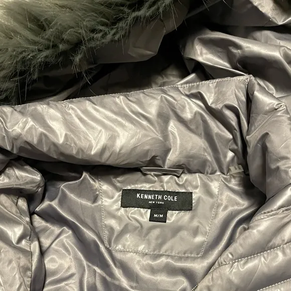 KENNETH COLE NEW YORK  PUFFER COAT WOMEN FUR-TRIM DOWN HOODED GRAY COLOR SIZE M