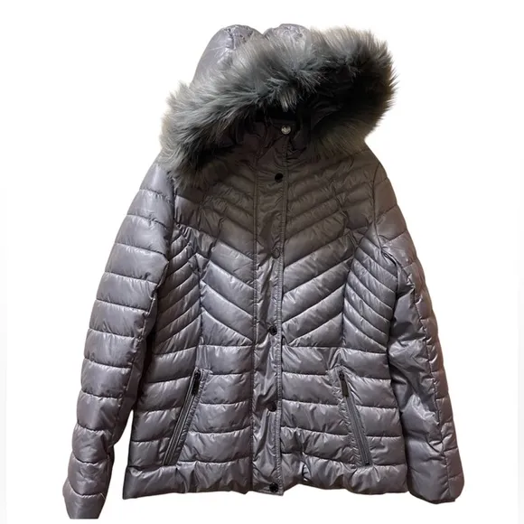 KENNETH COLE NEW YORK  PUFFER COAT WOMEN FUR-TRIM DOWN HOODED GRAY COLOR SIZE M